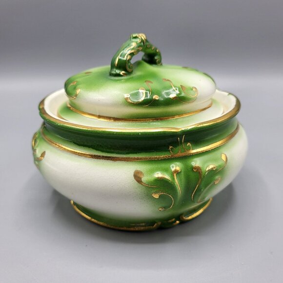 Vintage Ceramic Lidded Pot Jar Flower Frog Emerald Green Gold Accents Home Decor - Picture 8 of 11